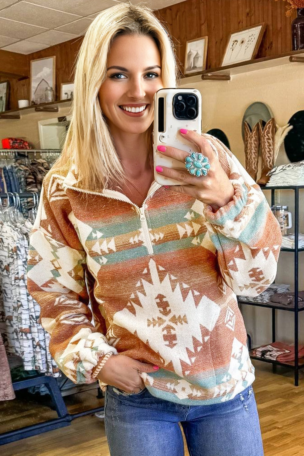 Khaki Quarter Zip Elastic Cuffs Aztec Sweatshirt