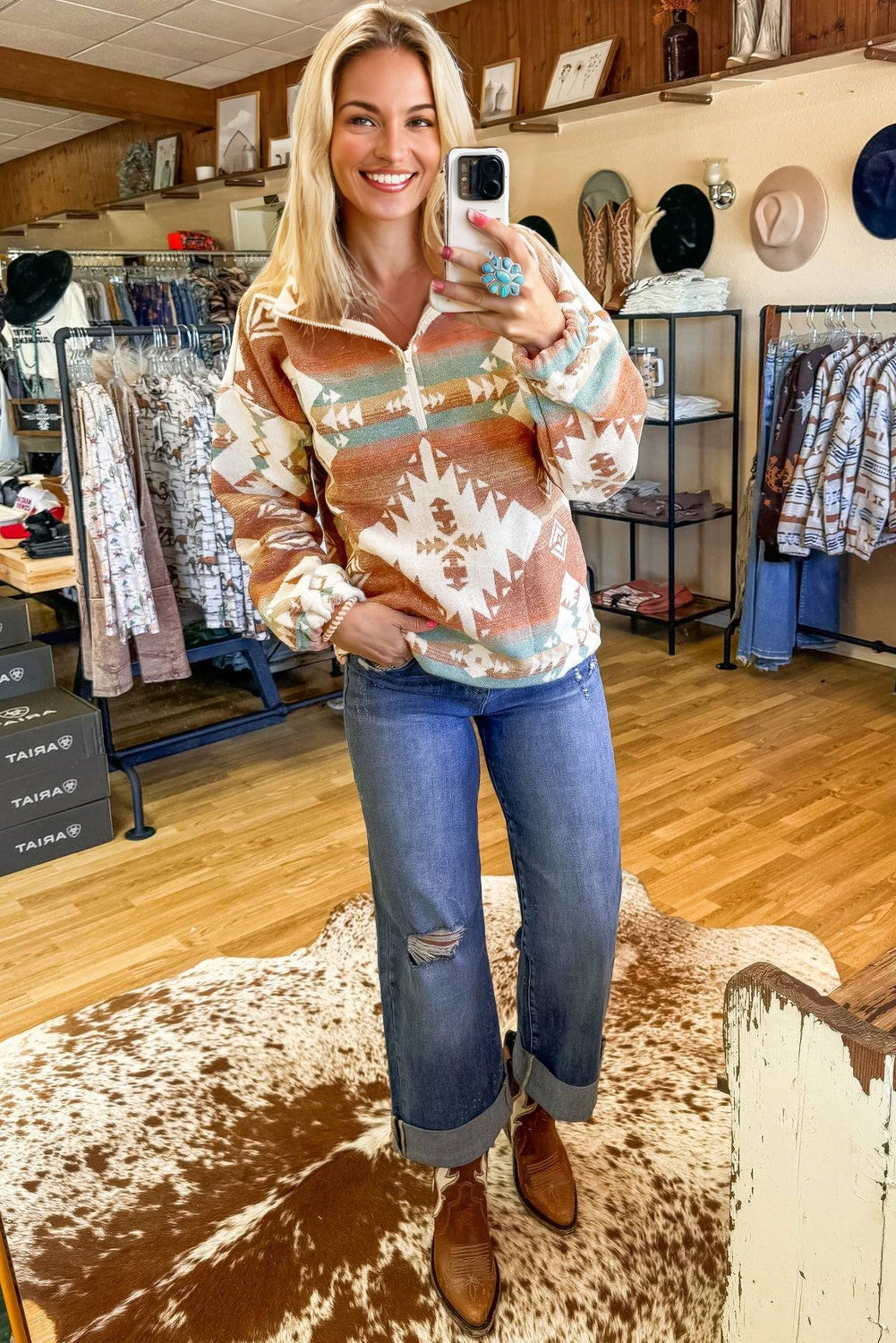 Khaki Quarter Zip Elastic Cuffs Aztec Sweatshirt