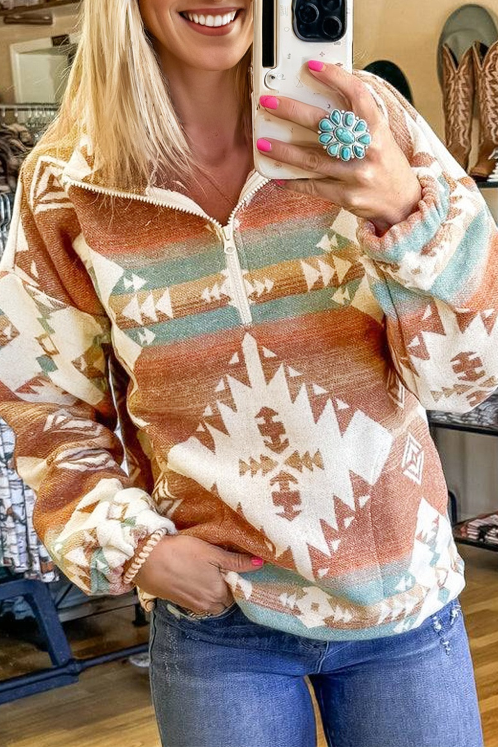 Khaki Quarter Zip Elastic Cuffs Aztec Sweatshirt