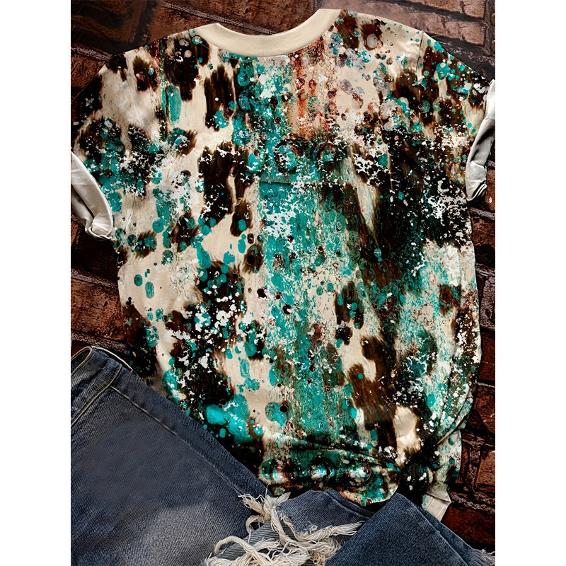 Women's Western Cowboy Print T-Shirt - Loose Fit Crew Neck Short Sleeve Tee, Color Block Design, Breathable Summer Top